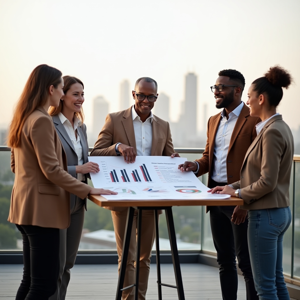 Gruppe von Fachpersonen bespricht auf einer Dachterrasse Strategien für berufliche Neuorientierung