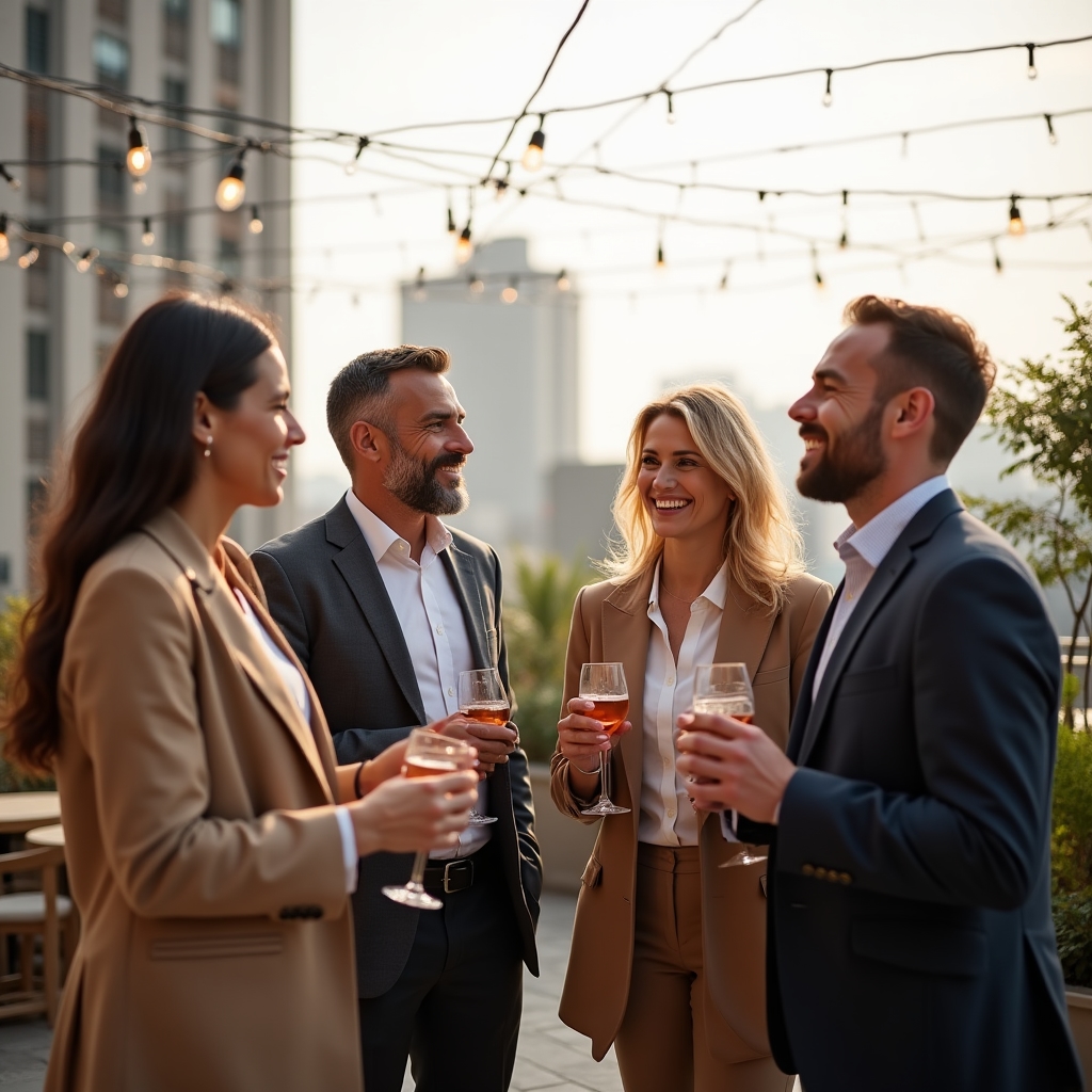 Menschen unterschiedlichen Alters tauschen sich bei einem Networking-Termin auf einer Dachterrasse aus